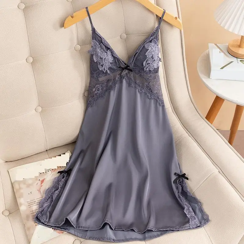 Sexy Chemise Nightgown Summer Female Sleepwear Dress Lingerie Women Lace Nightdress Nightwear Satin Dressing Gown Homewear