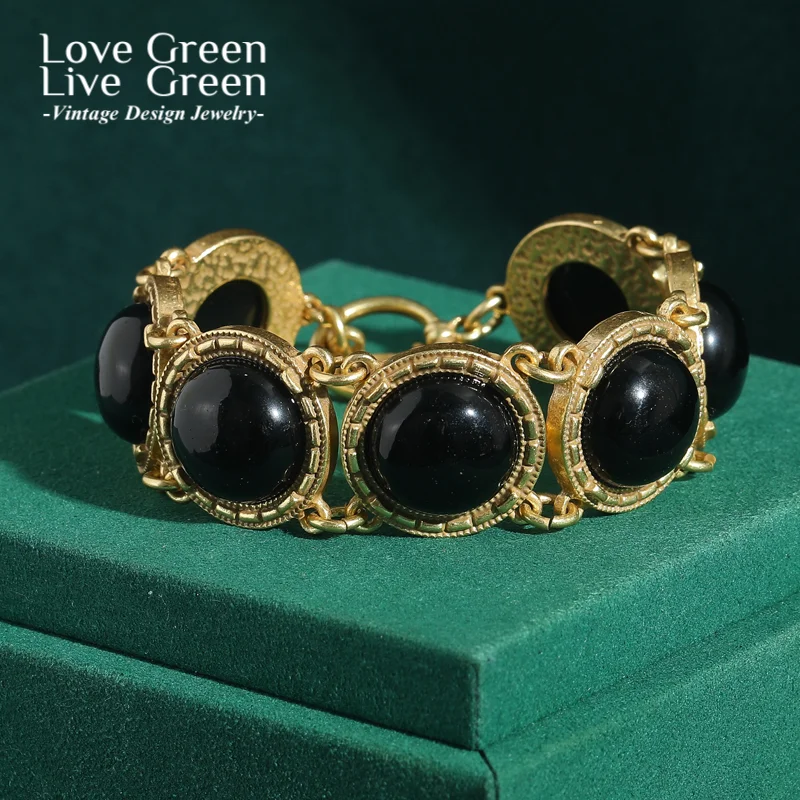 

Vintage Black Bracelets Woman Luxury Brand Natural Stone Gold Color Chain Charm Antique Summer Accessories Jewelry 2025 Trends
