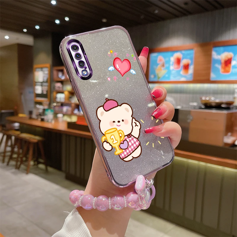 

Glitter Print Win Bear & Bracelet Shockproof Phone Case For Samsung Galaxy A50 A30s A70 A11 A10 A20s A02 A7 2018 A750 Back Cover