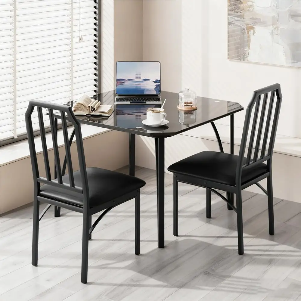 

Space-Saving 3-Piece Tempered Glass Dining Set with Metal & PU Chairs, Black