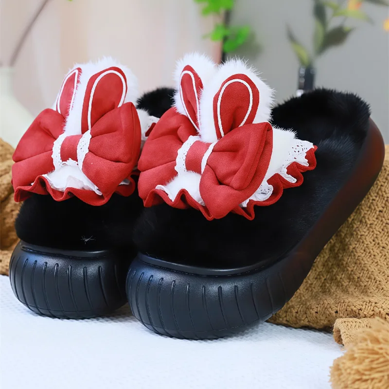 

New platform bunny ears winter slippers for women chunky furry mules shoes home slides ladies nice bow slipper fashion room shoe