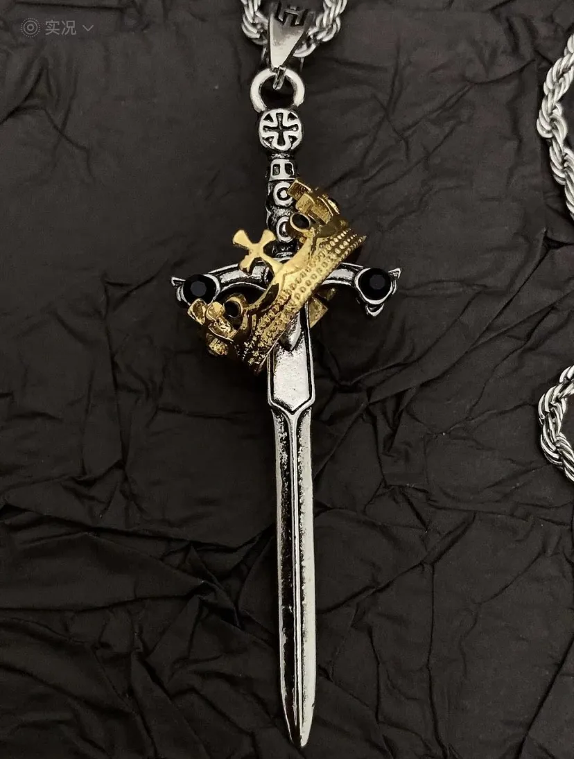 Crown knight sword necklace men's retro exaggerated creative punk style gothic pendant