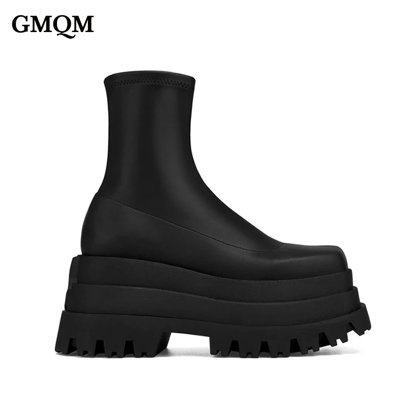 GMQM Brand Fashion Women\'s Pumps Platform Ankle Boots Thick Sole Patent Pu The Knee Boots Sexy Elastic Band Punk Style High Heel