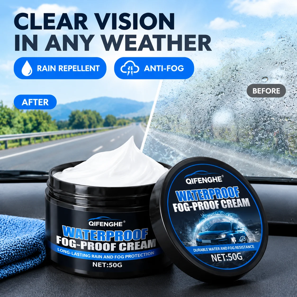 QIFENGHE 50g Car Glass Waterproof Fog-Proof Cream, Windshield Rain Repellent Coating Paste for Car Window Rearview Mirror, Impro