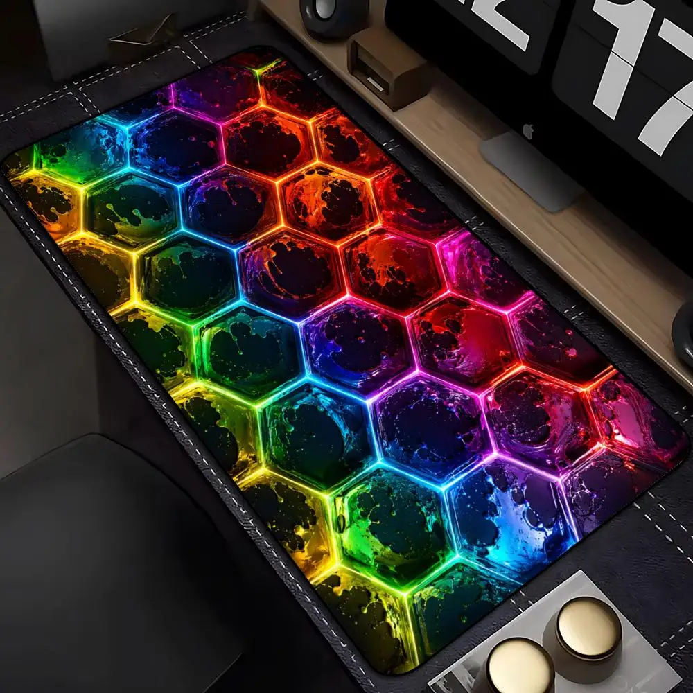 Rainbow Hexagon Honeycomb Large Desk Mat MousePad Mouse Mat Gaming Keyboard Mat TCG Playmat Non-Slip Rubber Base Gamer Table Mat