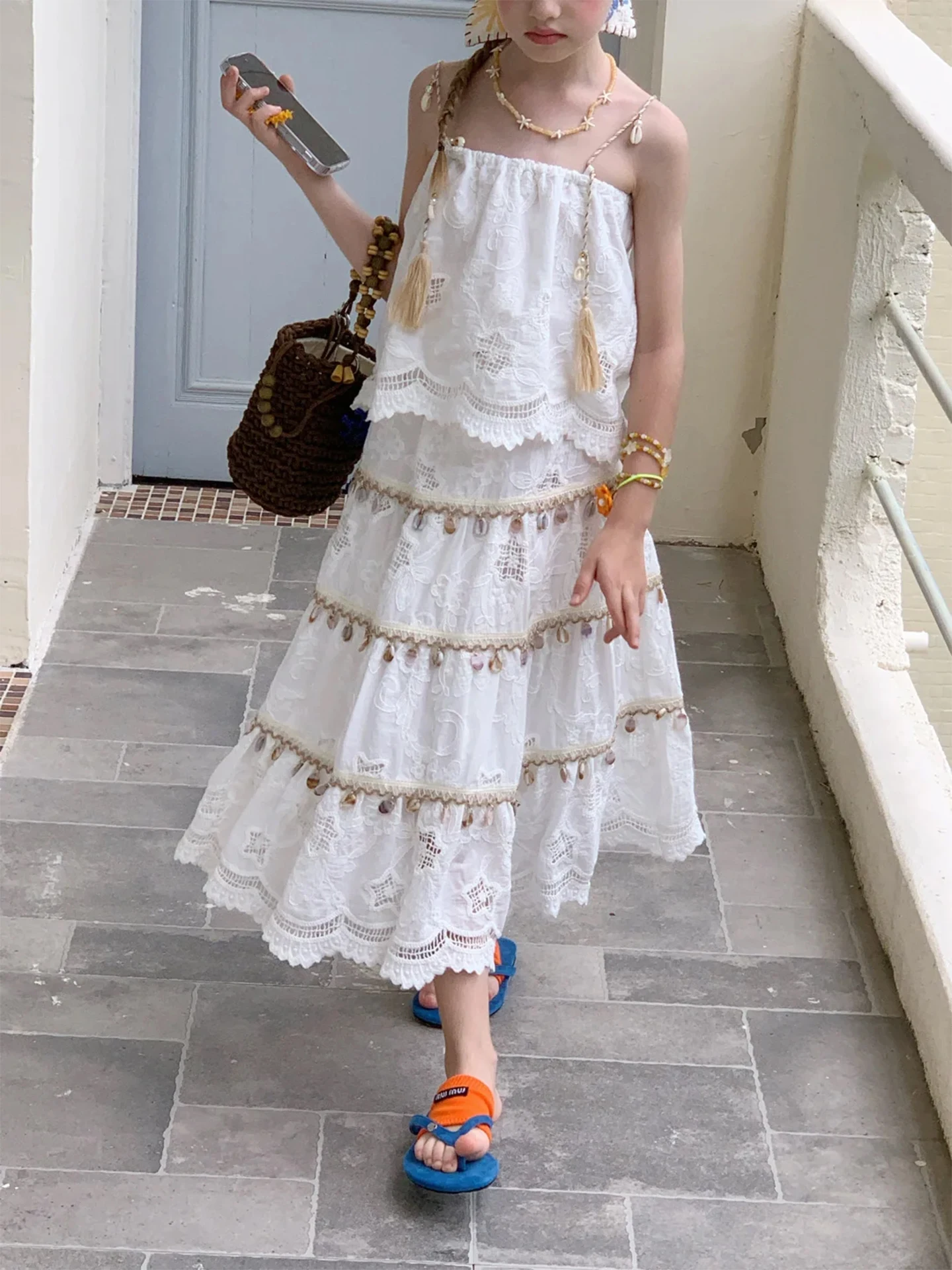 

Girls Summer Outfit Set Hollow out Strap Dress Casual Style Two Piece Set Beach Vacation Theme Beautiful Half Skirt And Top