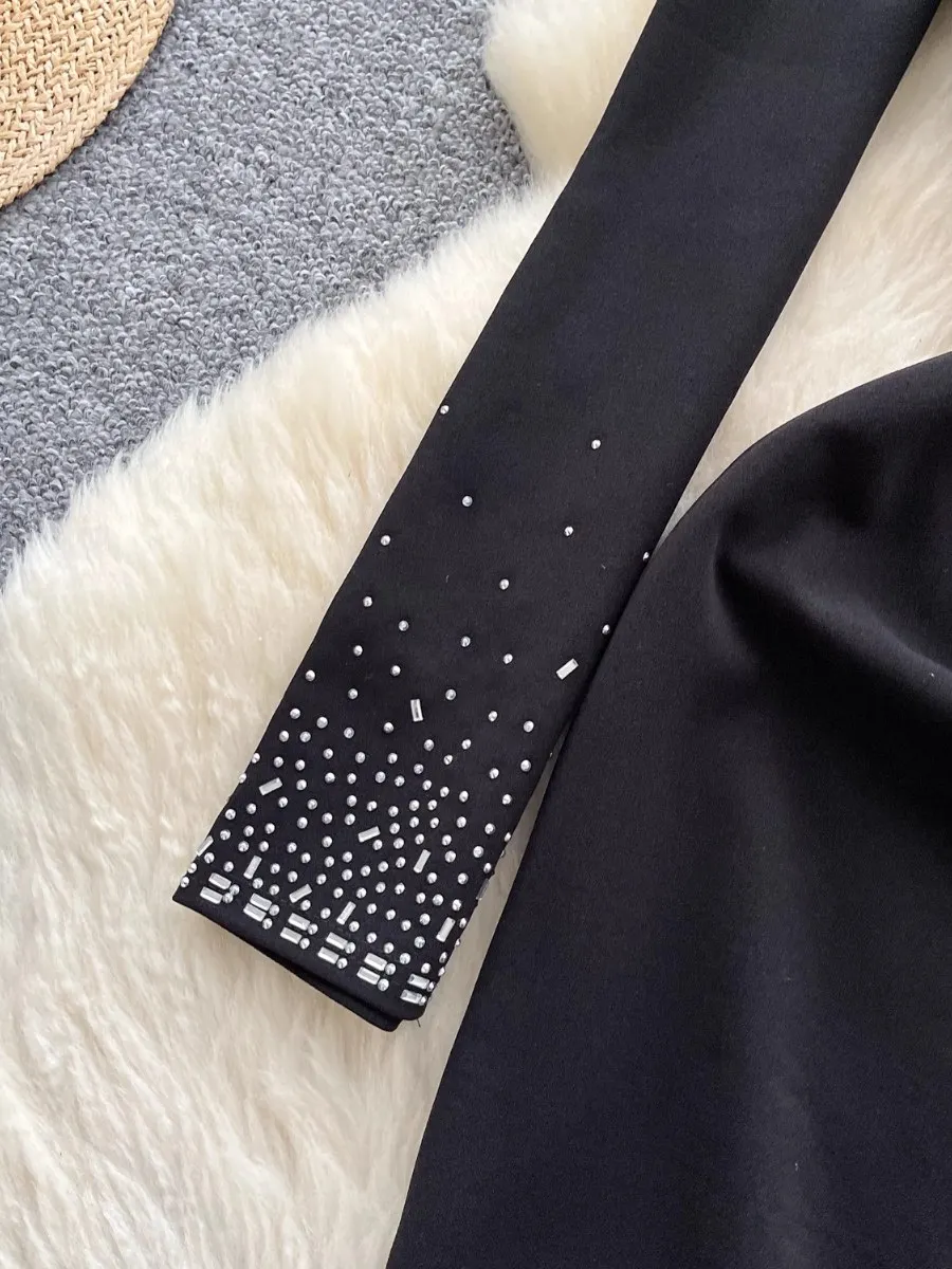 Foamlina menina high street chique indústria pesada fora do ombro suspender vestido de manga longa y2k quente diamante cintura vestidos apertados