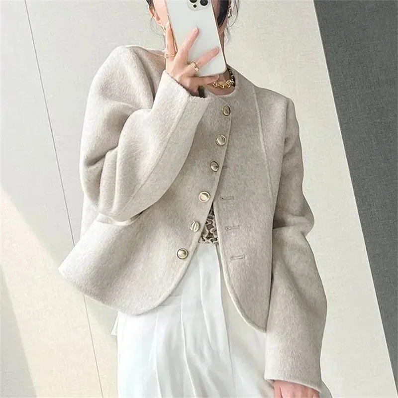 Wool Jacket Design Sense Small Fragrance Woolen Coat Women 2024Autumn Winter New Round Neck Outwear Double-Sided Overcoat Ladies