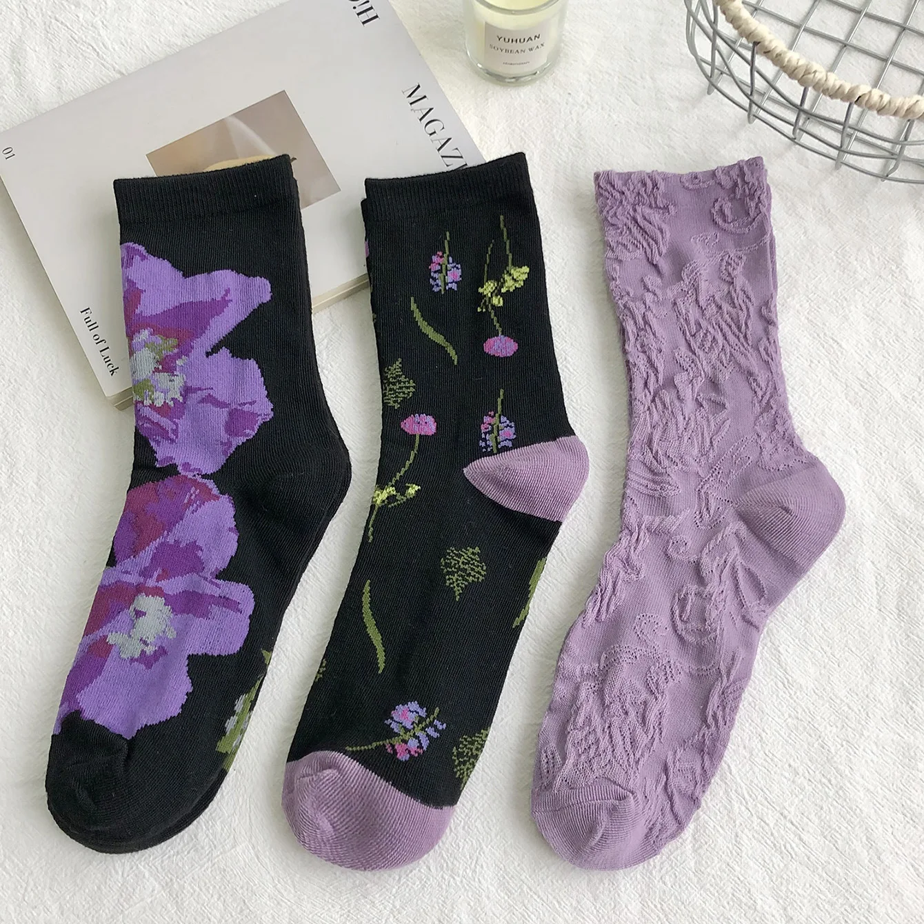Purple Socks Women 2026 Autumn and Winter Fashion Floral Embossment Middle Tube Socks Japanese Harajuku Retro Cotton Long Socks