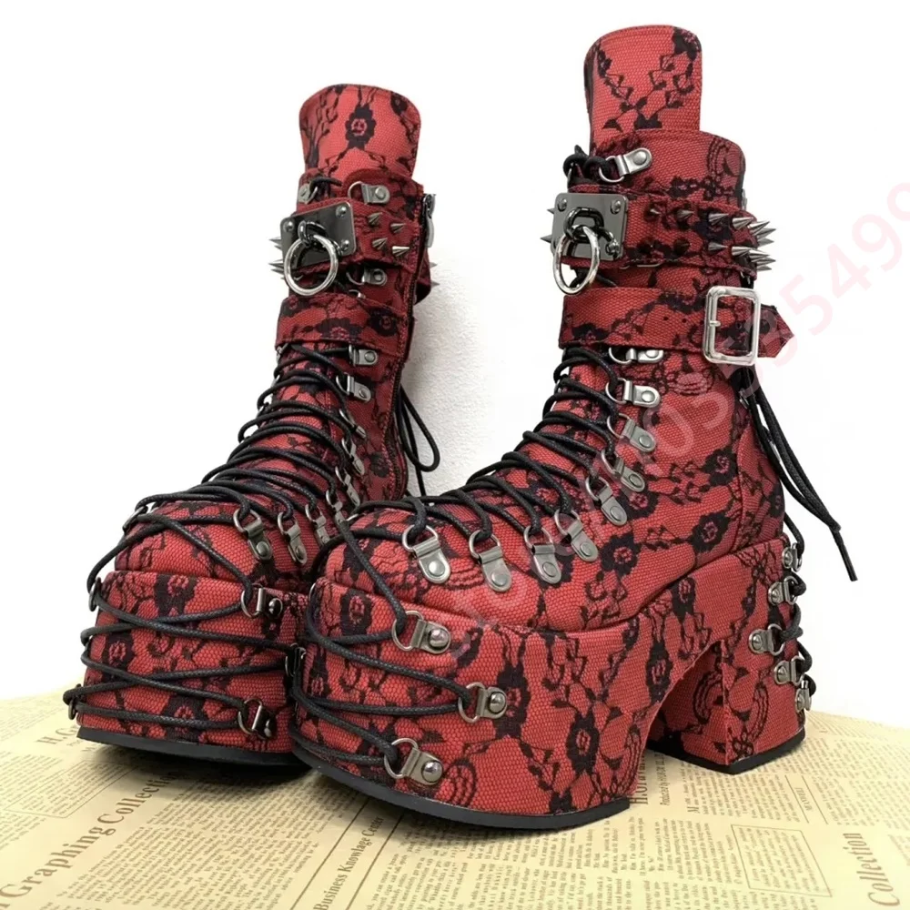 Women Floral Print Platform Ankle Boots Gothic Punk Metal Spikes Buckle Strap Lace‑Up Block High Heel Rock Street Fashion Shoes