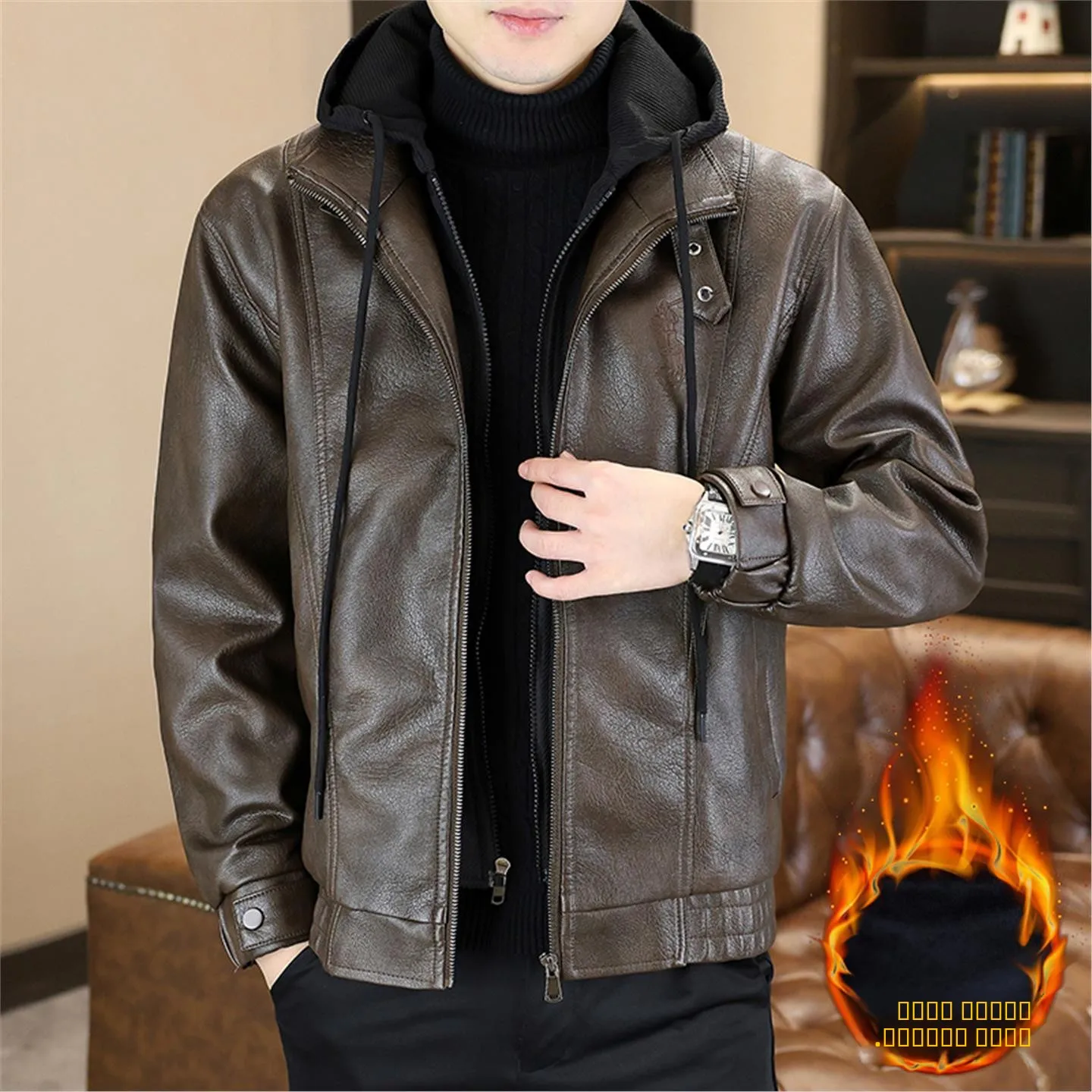 

Men's Faux Leather Jaet Hooded Thiened Casual All-match Autumn Winter New Faion Brand Warm PU Leather Coat with Zipper