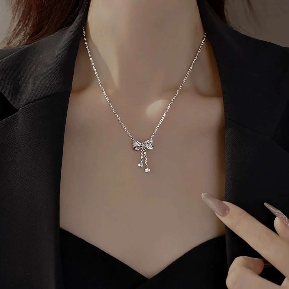 Bowknot Moissanite Pendant Necklaces for Women 0.12carat D Color Diamond Long Tassel Neckchain 925 Sterling Silver Fine Jewelry