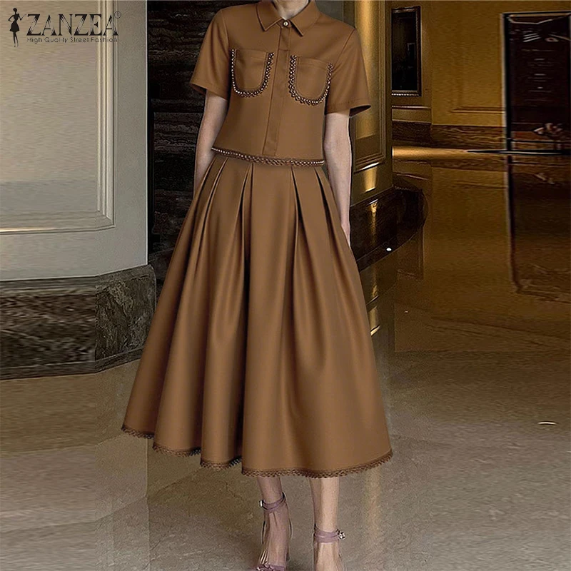 ZANZEA Elegant Lace Trim 2-Pieces Skirt Sets Women's Short Sleeve Crop Tops & A-Line Midi Skirts Matching Sets Outfits S-3XL - view 3