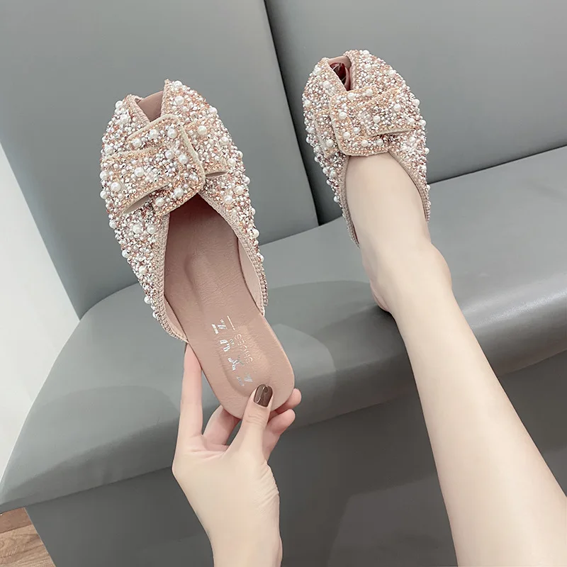 Baotou Half Slippers Women 2024 Summer New Wear Bow Diamond Pearl Flat Muller Fashion Flip-flops