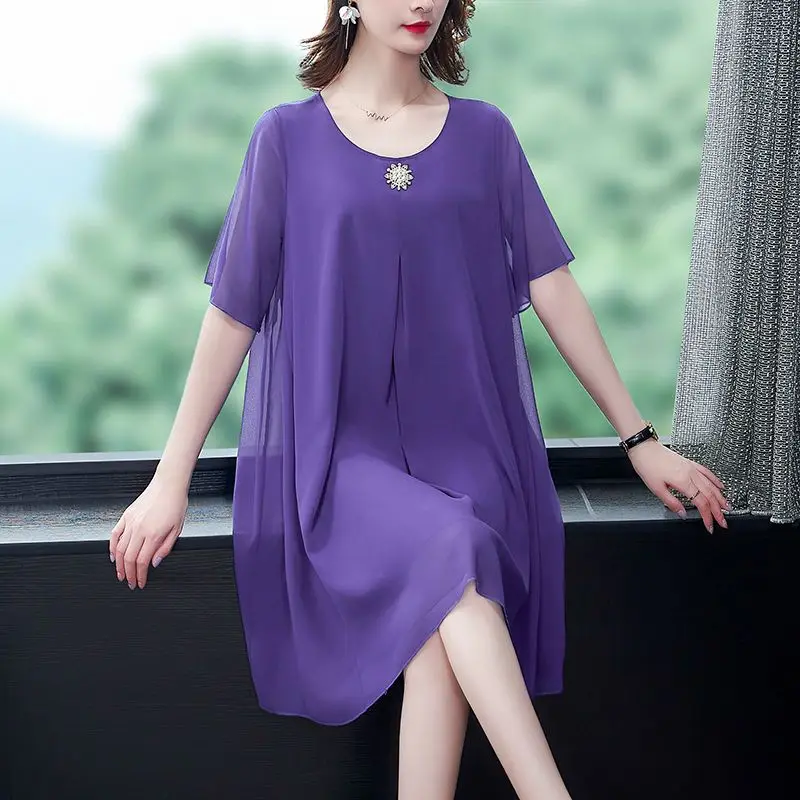 2023 New Women\'s Clothing Gauze Patchwork Solid Color Loose Pullovers Round Neck Korean Pleated Fashion Casual Elegant Dresses