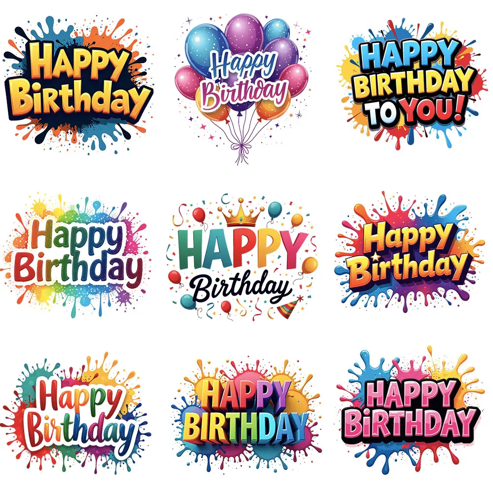 

Happy Birthday Iron On Patches for Clothing DIY Heat Transfer Stickers Colorful Birthday Themed Applique Decals for T-Shirts