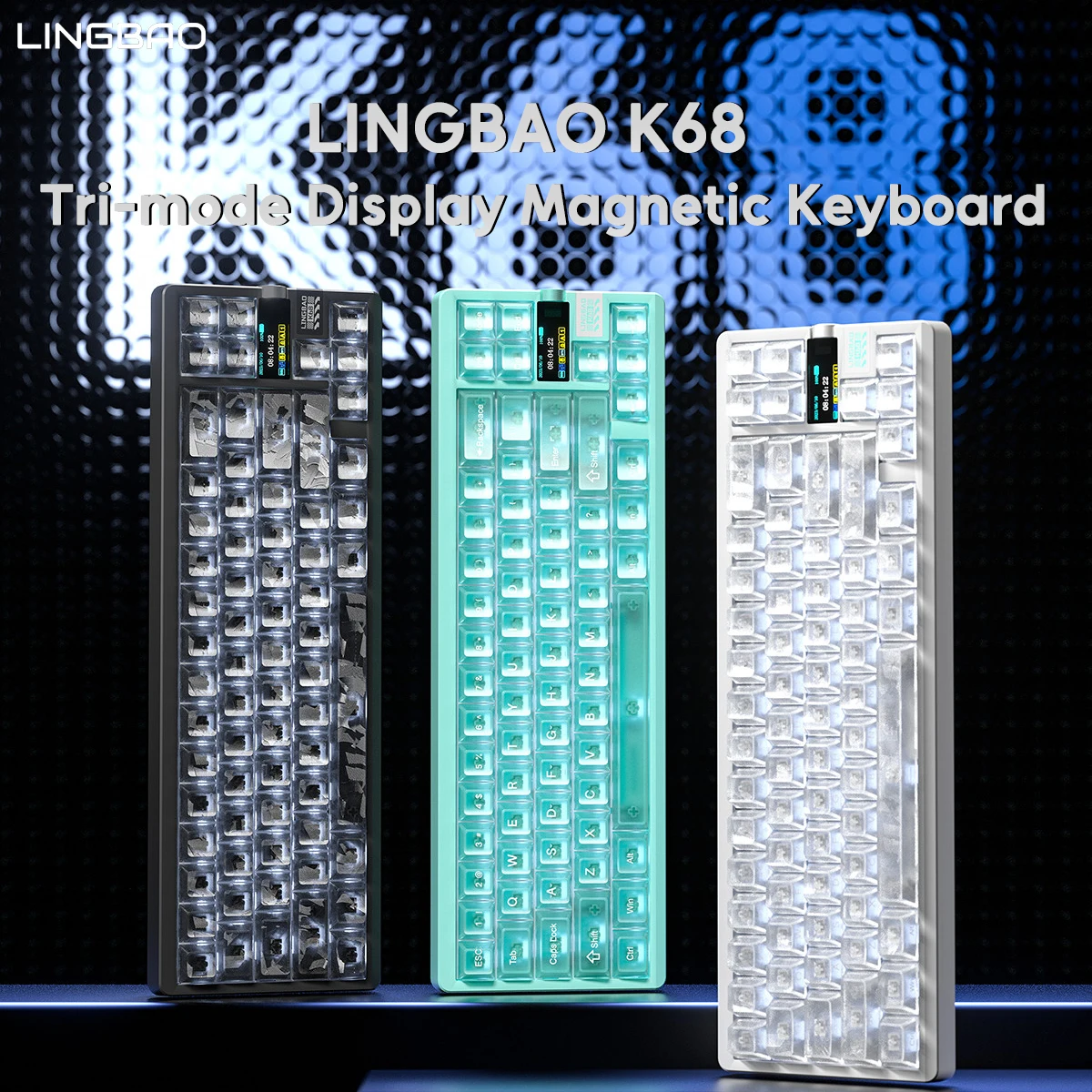 LINGBAO K68 Wired Gaming Magnetic Mechanical Keyboard 68% RT0.01mm 8K Polling Rate Tri-mode Connection Screen Knob FPS Keyboard