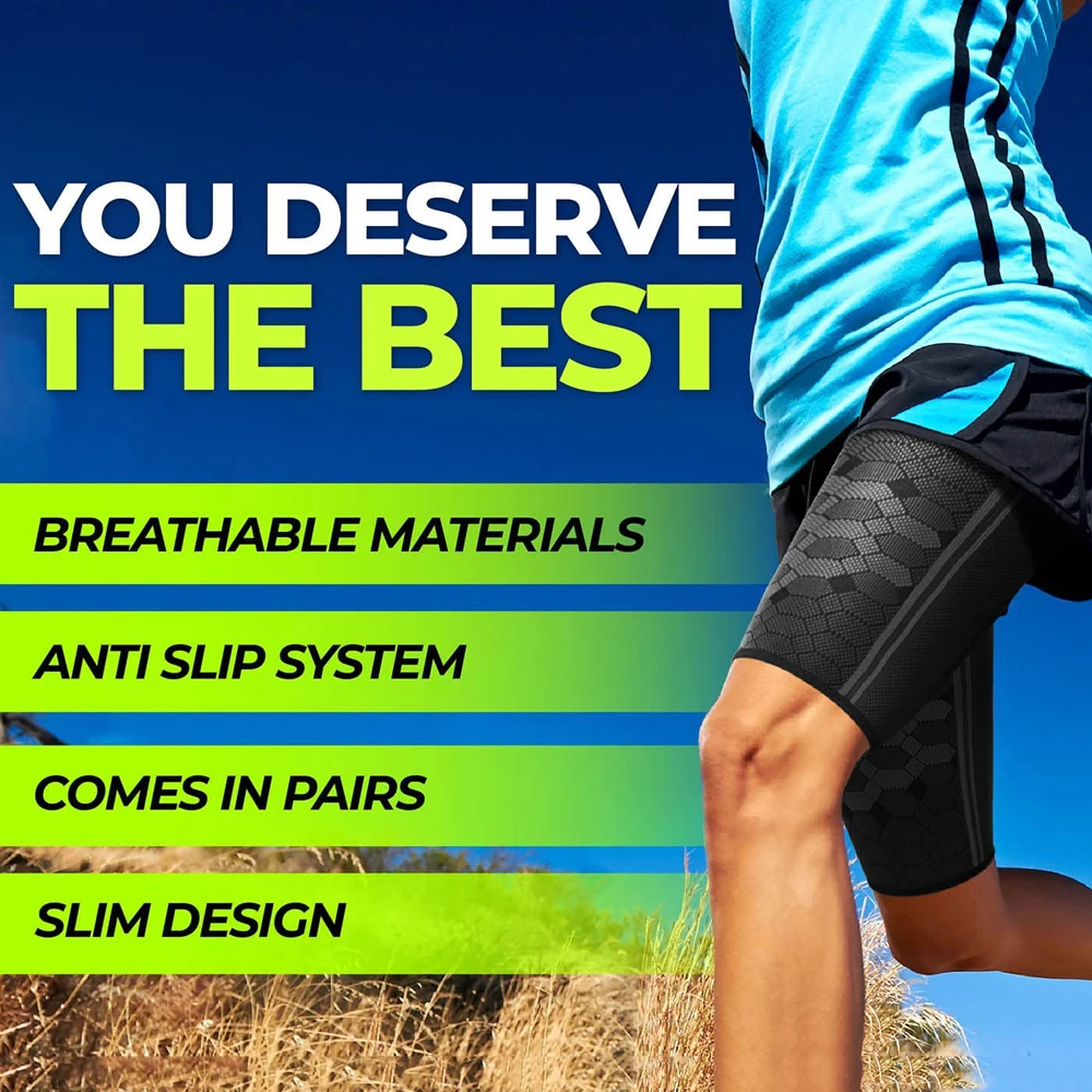 1Pair Thigh Compression Sleeves Breathable Elastic Anti Slip Quad and Hamstring Support Upper Leg Sleeve For Sports Running