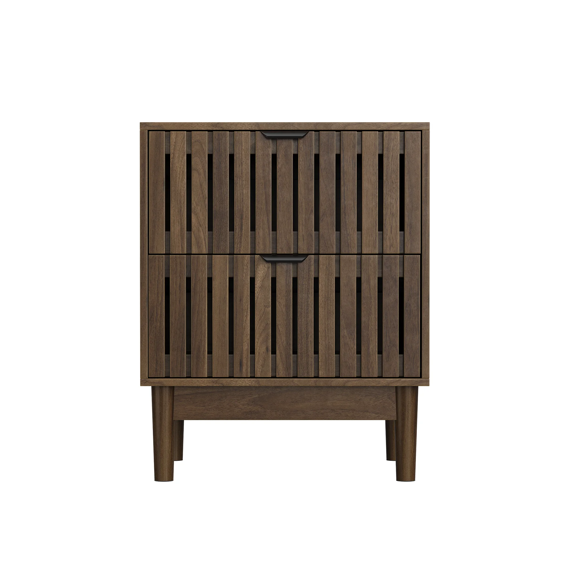 Mid-Century Nachttisch 45x39x56,5 cm, Walnuss & schwarzes Metall, Lamellendesign, 2 Schubladen + offenes Regal, MDF & Massivholzbeine, für Schlafzimmer/Wohnzimmer/Heimbüro