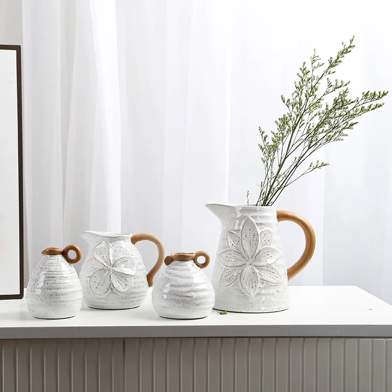 Contrast Color with Handle Ceramic Vase American Country Retro Home Desktop Hydroponic Flower Decoration