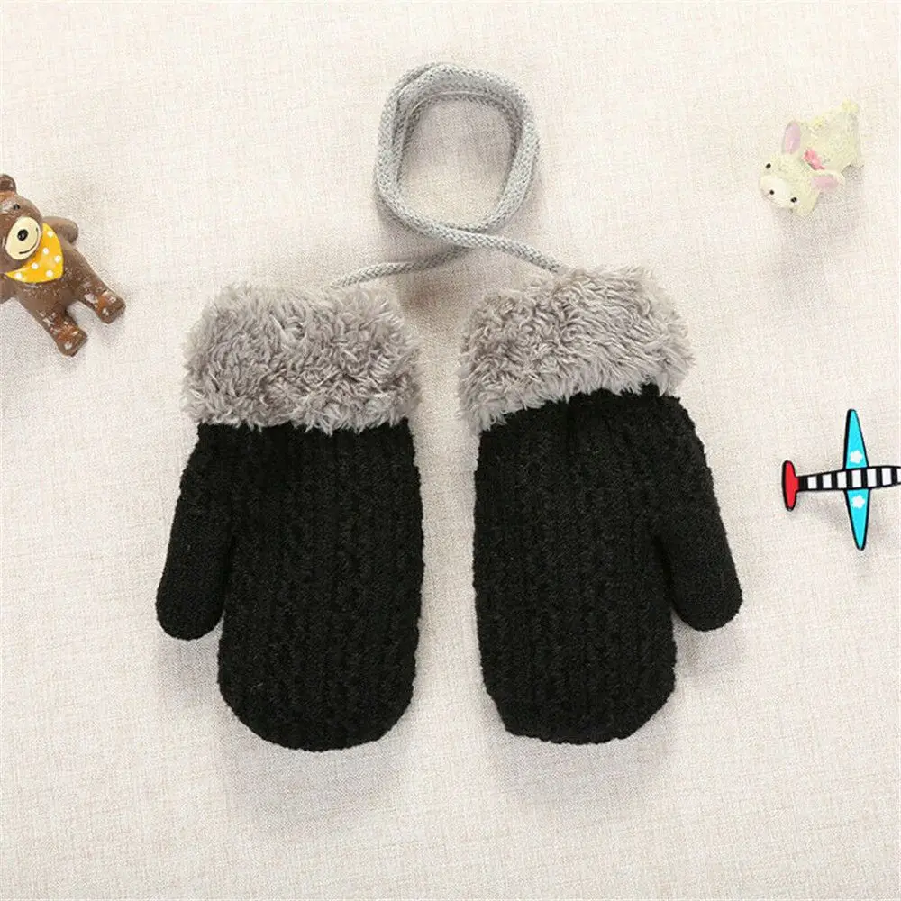 Warm Knitted Gloves Toddler Baby Boys Girls Winter Gloves Mittens with Neck String