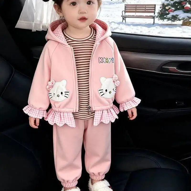 

Hot Sanrio Hello Kitty Girls Clothing Set Hooded Jacket Pants T Shirt Cotton Blend Toddler Girls Spring Fashionable New Design