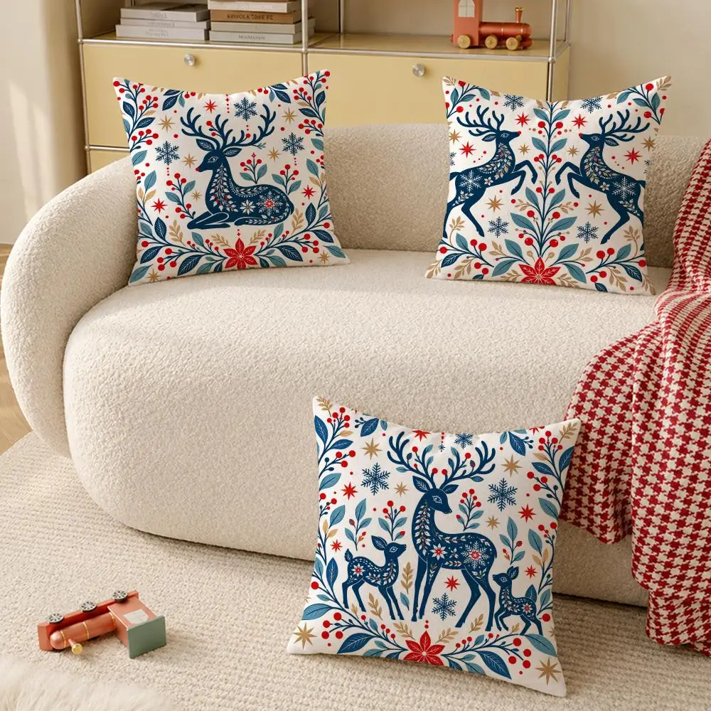 Christmas Deer Decor Cushion Cover Pillow Case Organic Short Plush Cushion Covers Washable Wrinkle-Resistant
