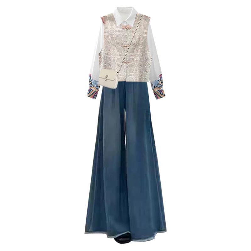 Nuovo set Faion da donna cinese Sle Set da t-pezzo Gilet senza spalline con jeans a gamba larga Fibra di poliestere combinata in denim antietà