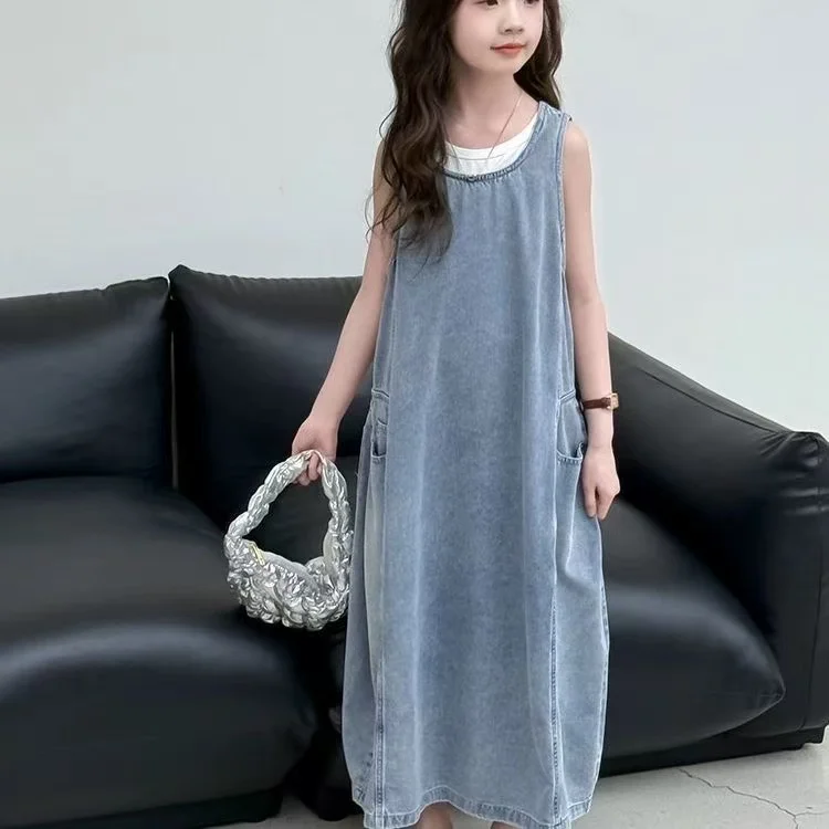 

Girls' Denim Sleeveless Dress With Shoulder Straps Long Skirt 2026 Spring And Summer Loose And Casual Fashionable And Versatile