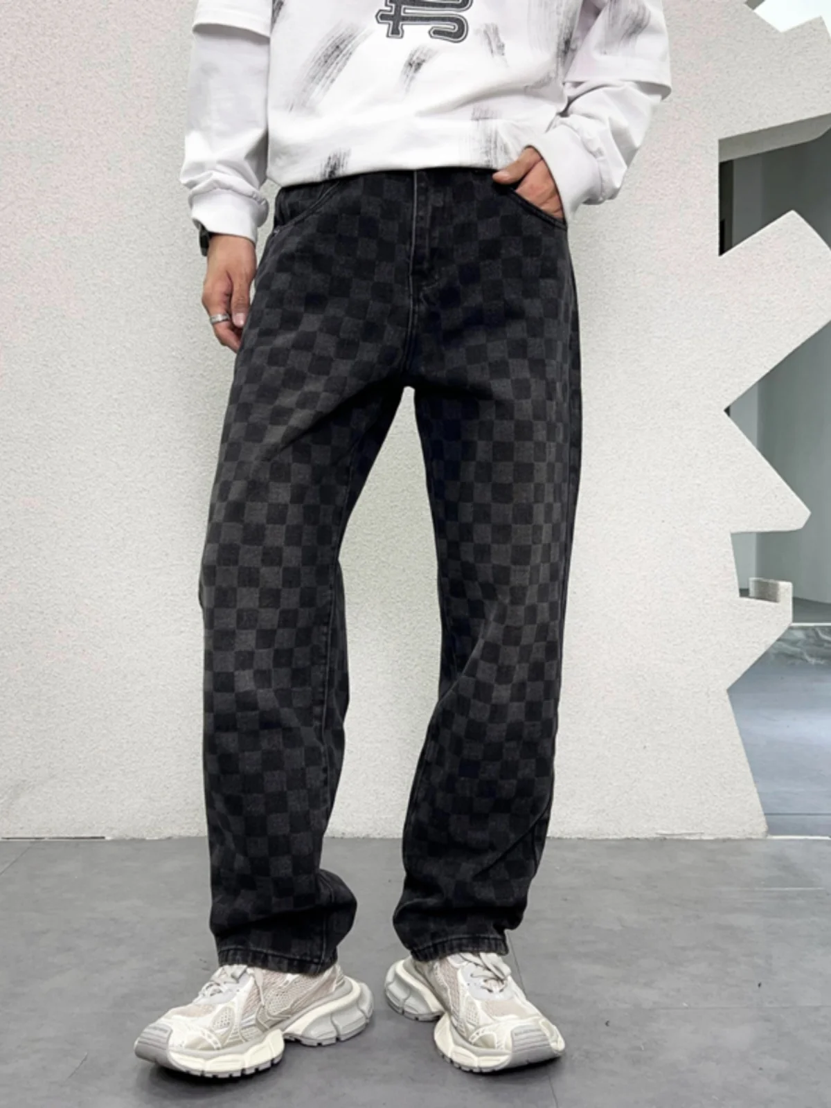 

High-End Plaid Print Men's Jeans Loose Straight Leg High Street Bla ey Casual Leg Lengthening Pants Spring Autumn