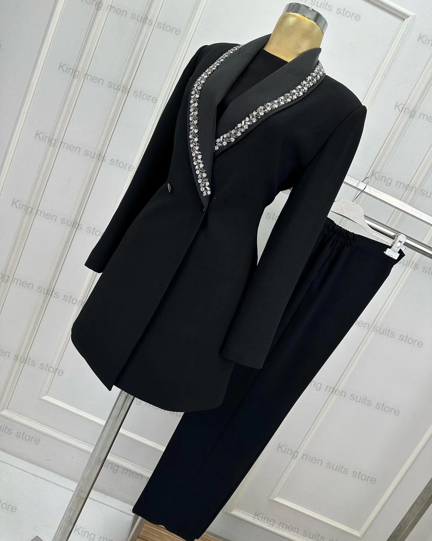 Conjunto de trajes de cristal negro para mujer, Blazer de 2 piezas + Pantalones de graduación, abrigo Formal de algodón para oficina, esmoquin de boda hecho a medida