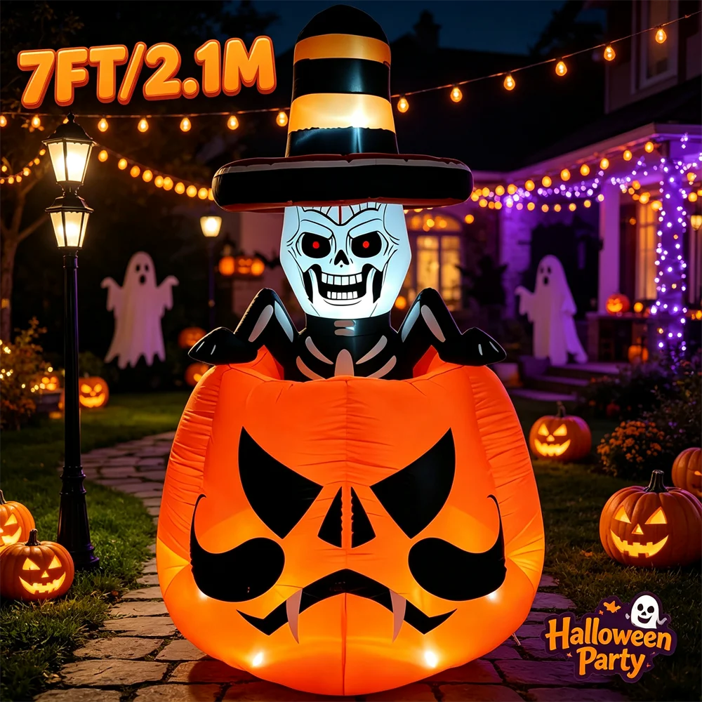 Halloween Inflatable Model with Bright LEDs 7FT Skeleton Pumpkin Decor Outdoor Holiday Decoration Garden Lawn Night Display Prop