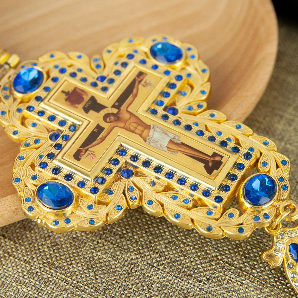 Gold Plated Pectoral Cross Pendant With Vibrant Colored Gemstones Crown Top Design Sacred Crucifix Icon Ornate Handcrafted