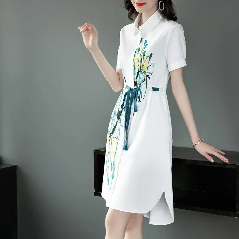 

Koreon Fashion Women White Midi Dress Summer Short Sleeve Dresses Elegant Tunics Female Pullover Print New Casual Sundress 2023