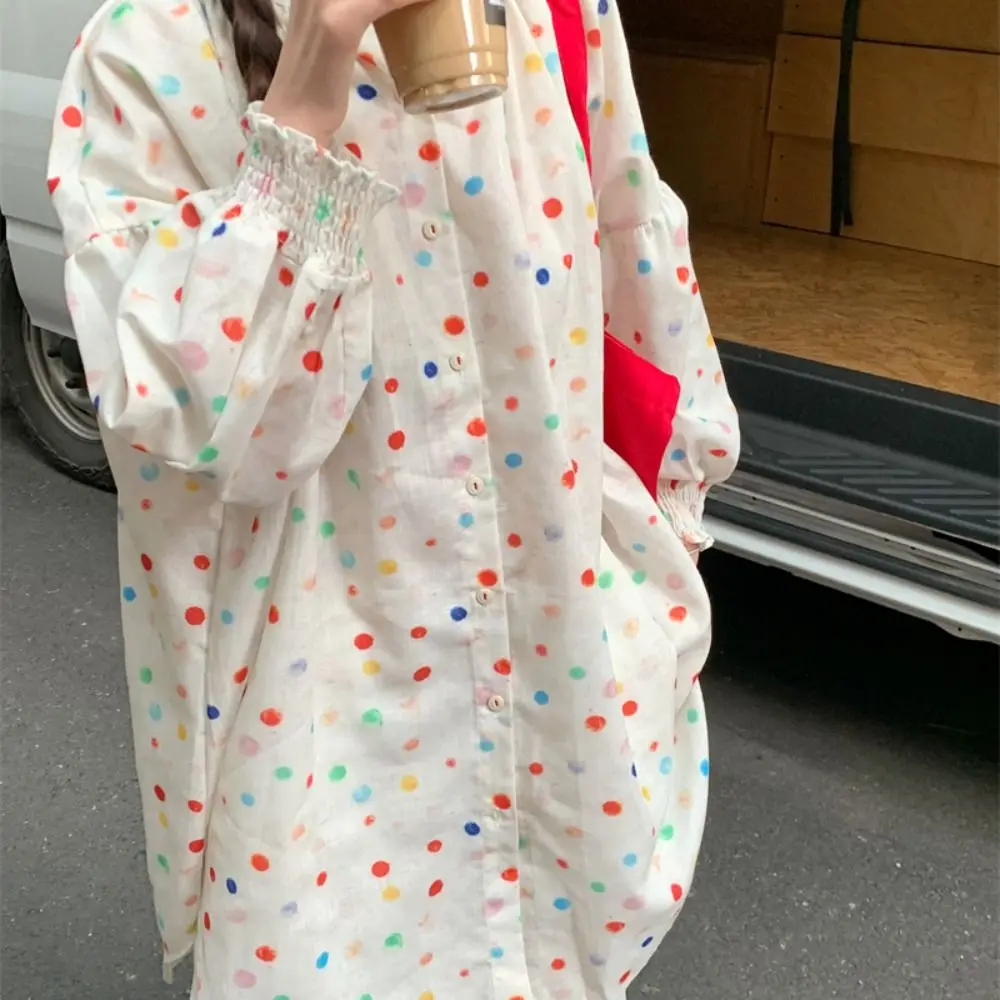 

Retro Sweet Colorful Dots Blouse Loose Casual Pleated Shirt Top Spring Autumn Thin Long Sleeve Shirt Streetwear