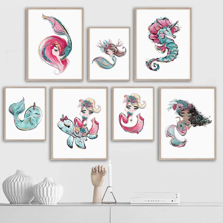 Ocean Hippocampus Cuckold Narwhal Mermaid Wall Art Canvas Painting Nordic Posters And Prints Wall Pictures Kids Girl Room Decor