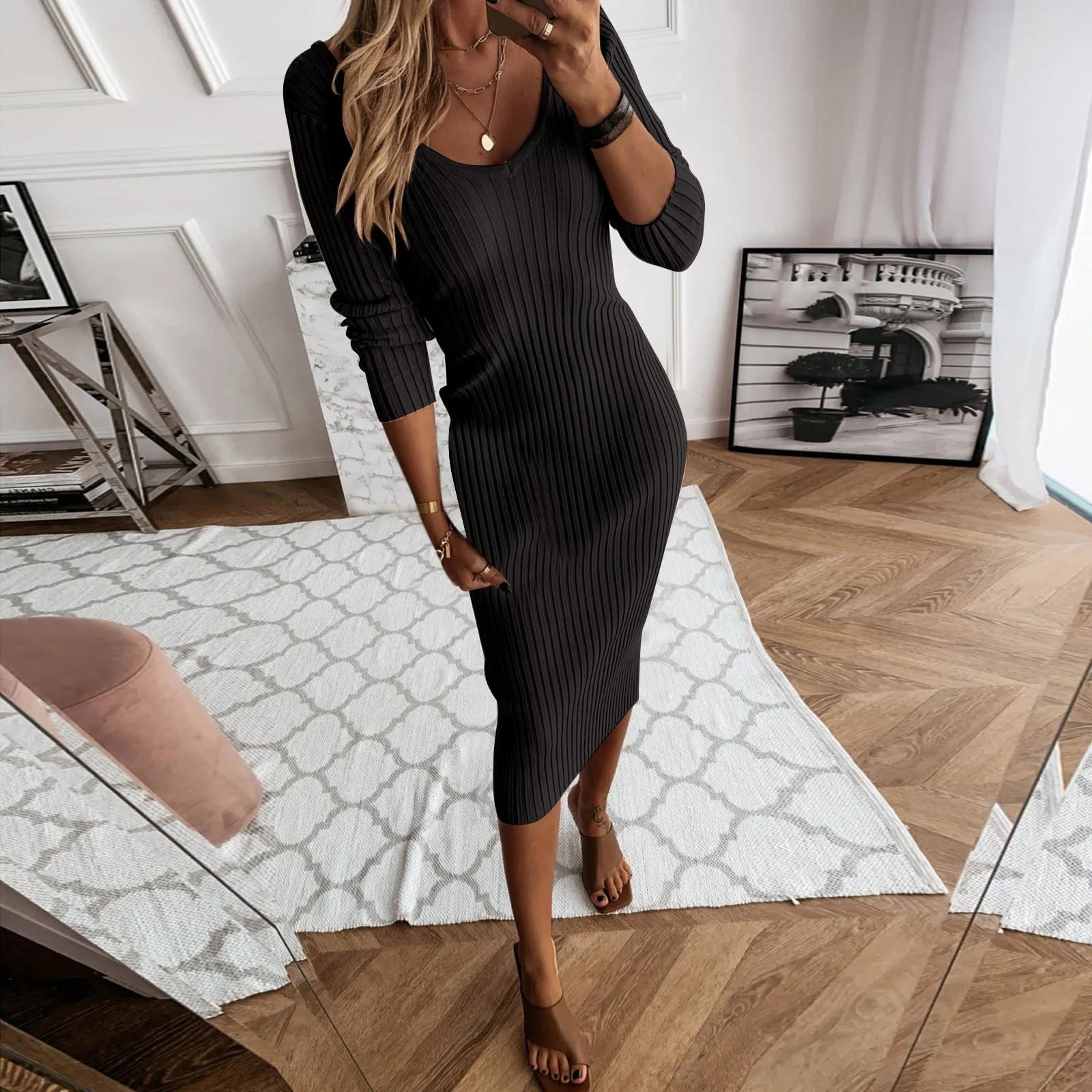 Women Knit Dress V-neck Solid Color Long Sleeve Dresses 2023 Winter Casual Sexy Bodycon Knitted Maxi Striped Long Dress Robe