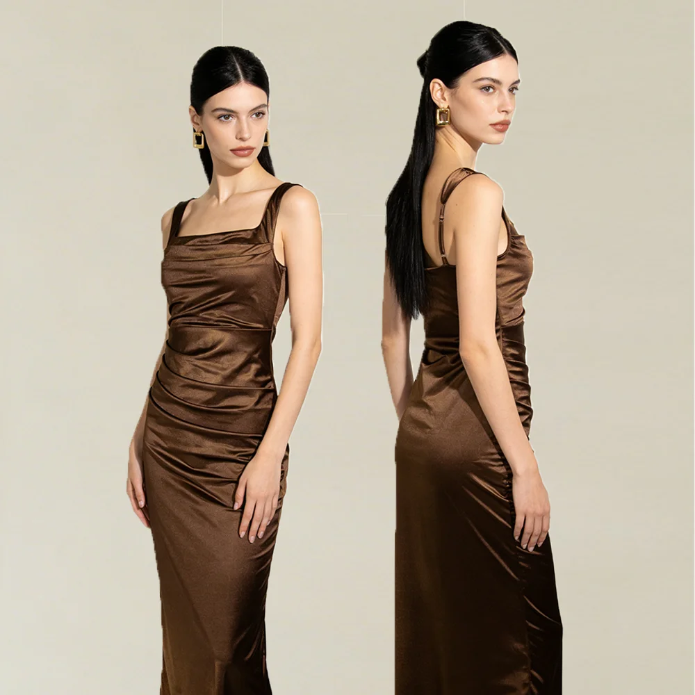 

Женское атласное платье макси с квадратным вырезом, драпировкой и регулируемыми бретелями, облегающее, элегантное, для вечерних мероприятий, вечеринок и свадеб