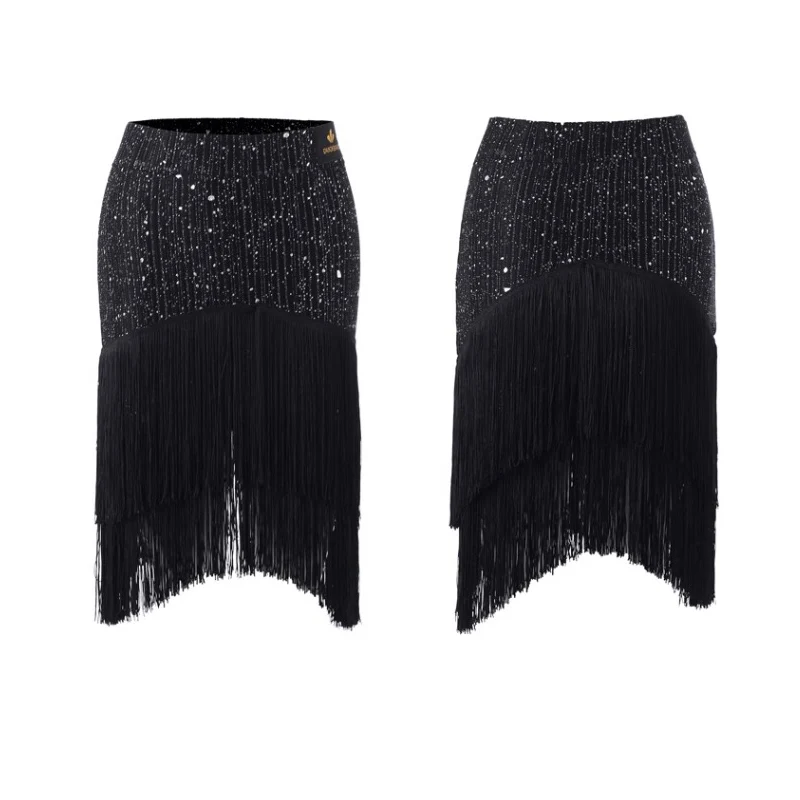 Sequined Latin Dance Skirt Female Adult Latin Practice Clothing Samba Rumba Cha Cha Tap Dancing Show Black Tassel Skirts BL5096