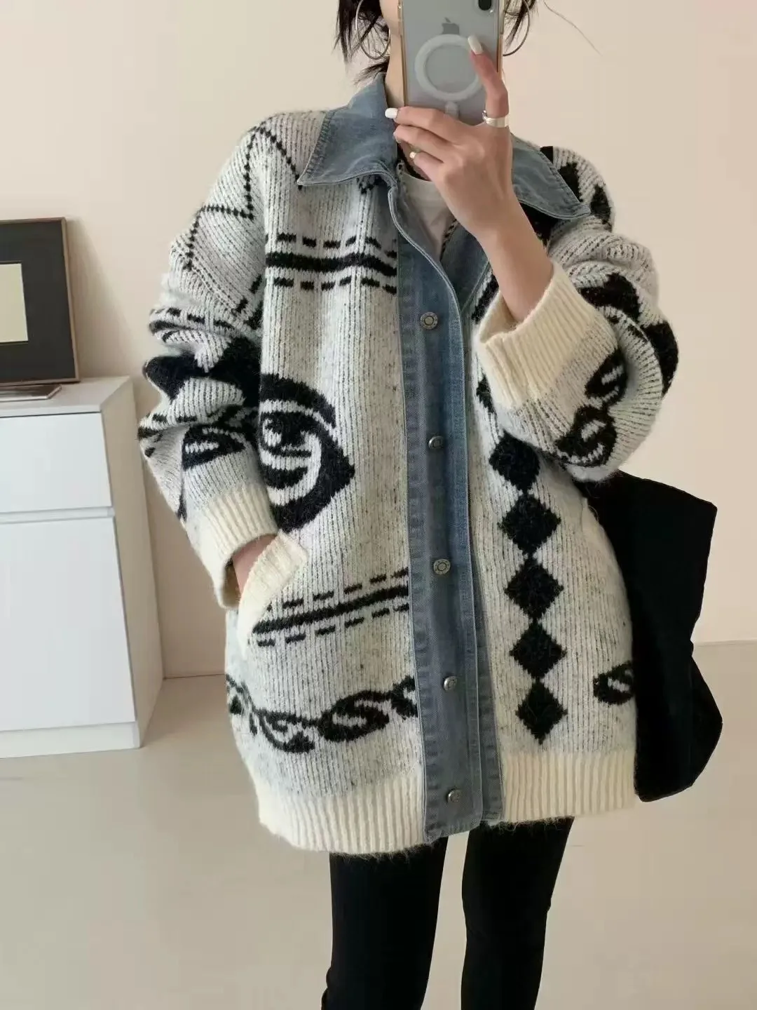 Dames gesplitst denim vest truien gebreide truien jacquard kraagvorm lange mouwen losse Y2k casual 2025, herfst winter