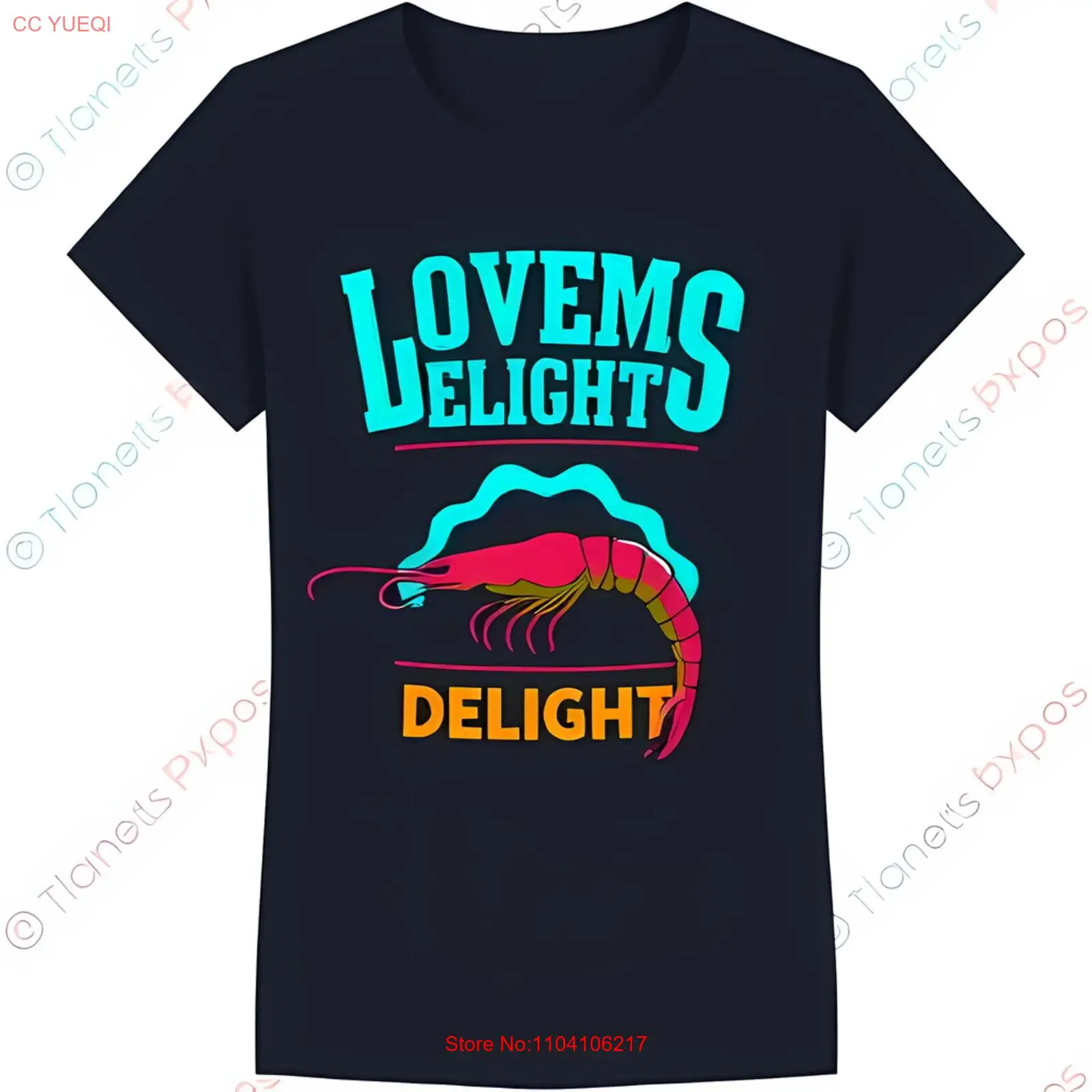 Stylish Dark Blue T-Shirt with Colorful Shrimp Design & 'Lovems Delight' Text