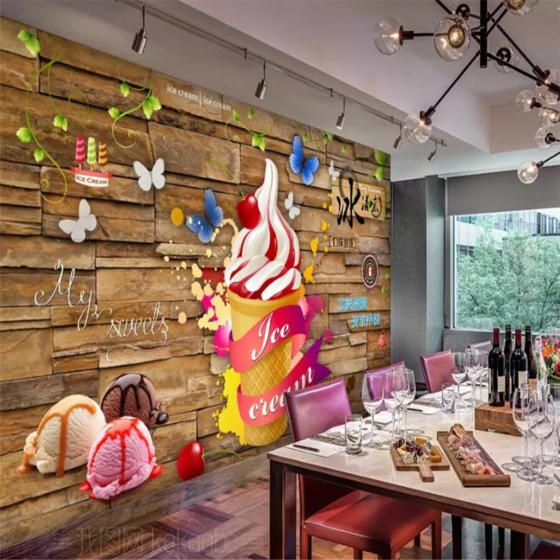 

European and American Fashion Brick Wall Paper 3D Ice Taste Ice Cream Shop Industrial Decoration Background Mural Wallpaper 3d
