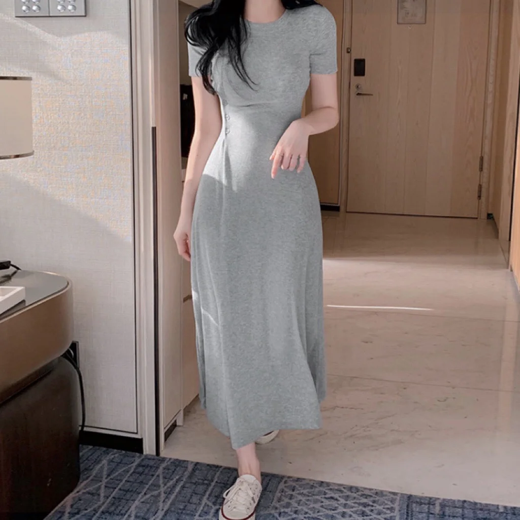 South korea Dongdaemun New Lazy Casual Figure-Flattering Buckle Waist Hugging Temperament Commuter Long Short sleeve Dress Women