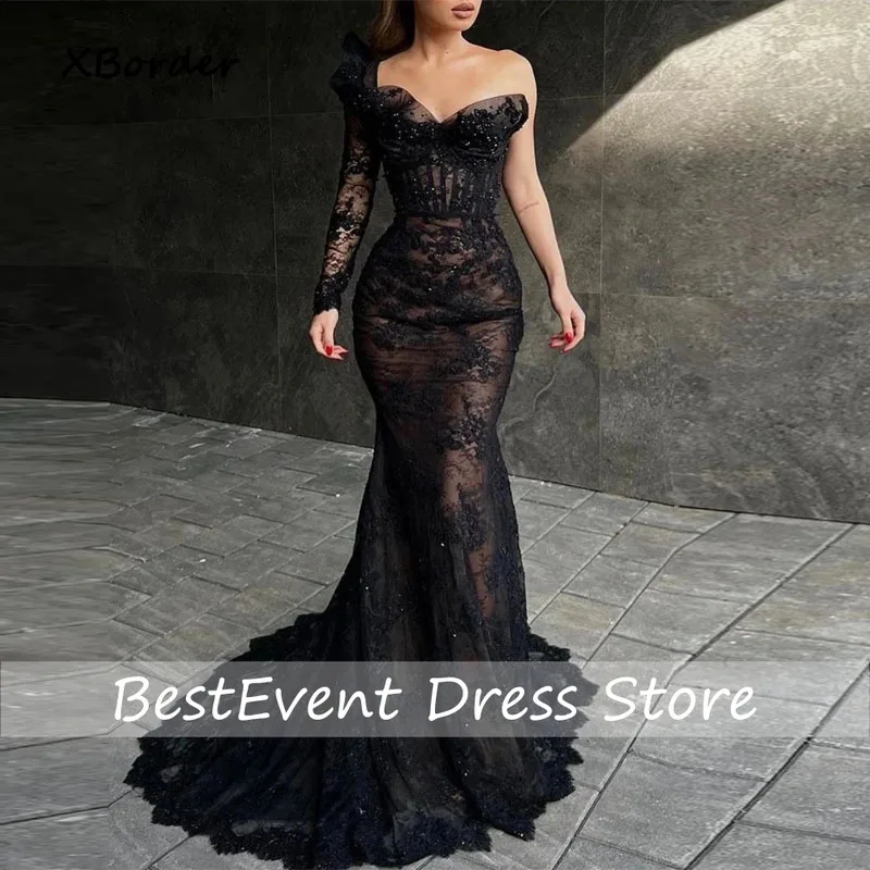 Prom Dresses Modern Black Sweetheart Neck Mermaid Appliques Pearls Evening Dress Eleagnt Formal Gown For Women  Customized