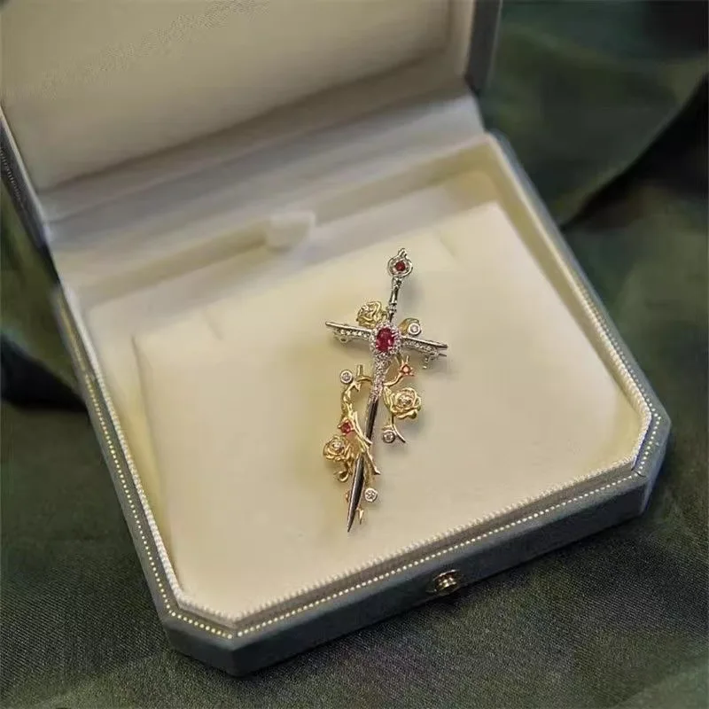 Vintage Fashion Two-tones Ruby Thorn Sword Brooch For Clothes Hat Suit Scarf Accessory Unisex Rose Gemstones Pin Jewelry Oroide