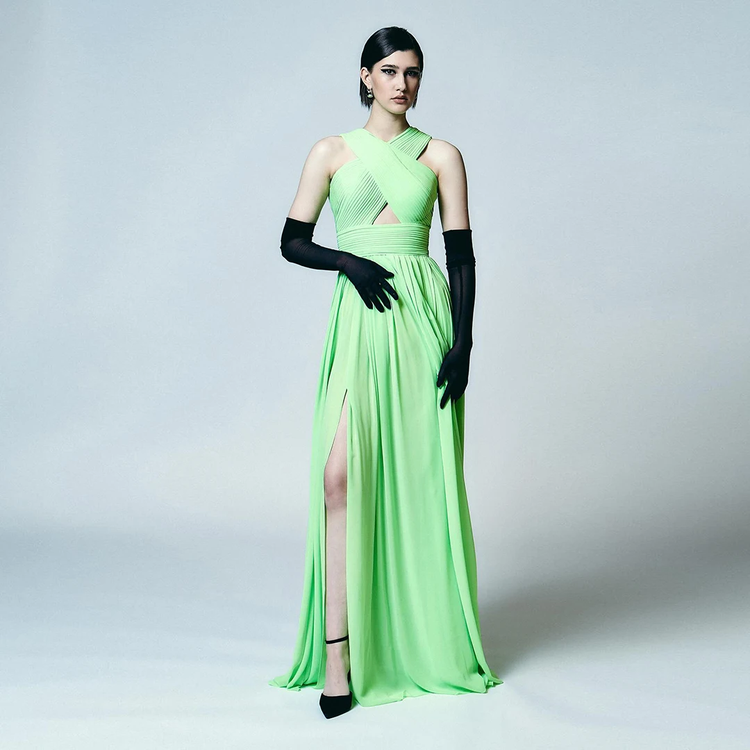 

New Arrival Neon Green Long Evening Gown Asymmetrical Halter Neck Cut Out Front Slit Formal Dress Women High Waist Party Gown