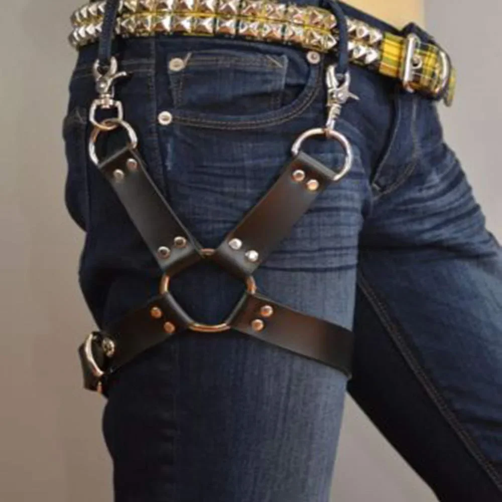 Uyee punk suspender masculino couro do plutônio arnês liga bondage perna cinto suspensórios para calças jeans acessórios chaveiro ajustável