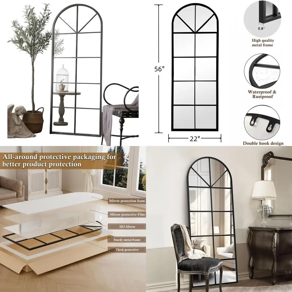

Large 56x22 Arched Window Pane Floor Mirror, Black Wall Mirror, Oversized Farmhouse Standing Mirror for Living Room, No Stand