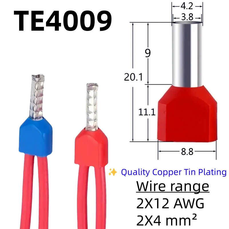 

100PCS TE4009 Double Pipe 0.5~6.0² Cold Pressed End Double Wire Tube Shaped Insulated Tubular Terminal