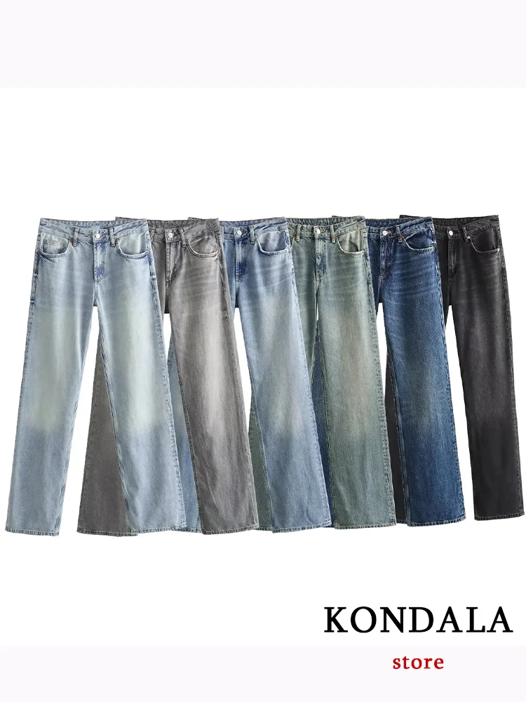 KONDALA Casual Chic Vintage Women Pants Pockets Button Fly Straight Loose Wide Pants New Fashion 2023 Autumn Streetwear Trousers